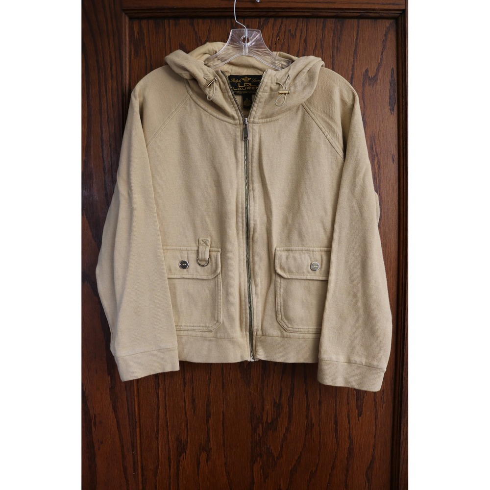LAUREN RALPH LAUREN Cropped Hoodie Women XL Tan Ribbed Sweater Zip Up LRL Jacket